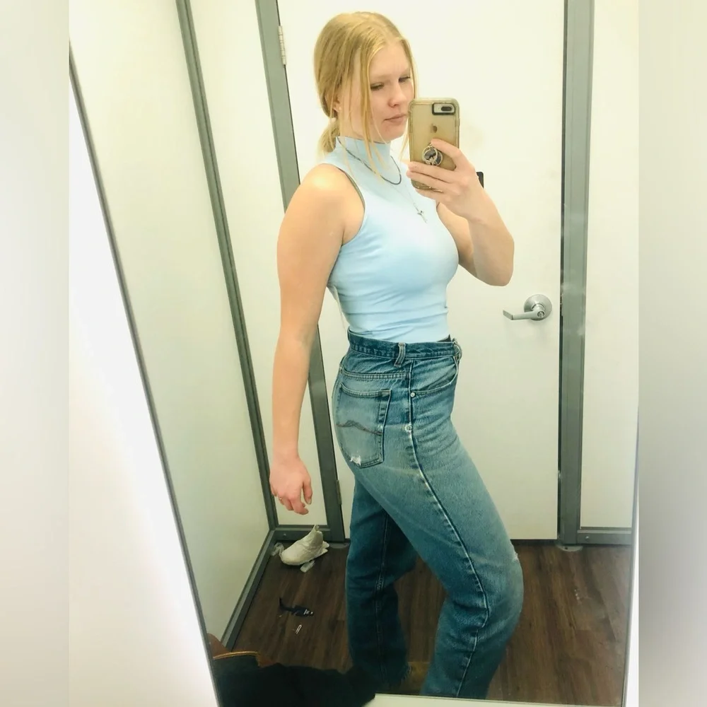 Full Blue Registered Vintage Straight Leg Distressed Jeans Retro High Rise - Picture 7 of 16